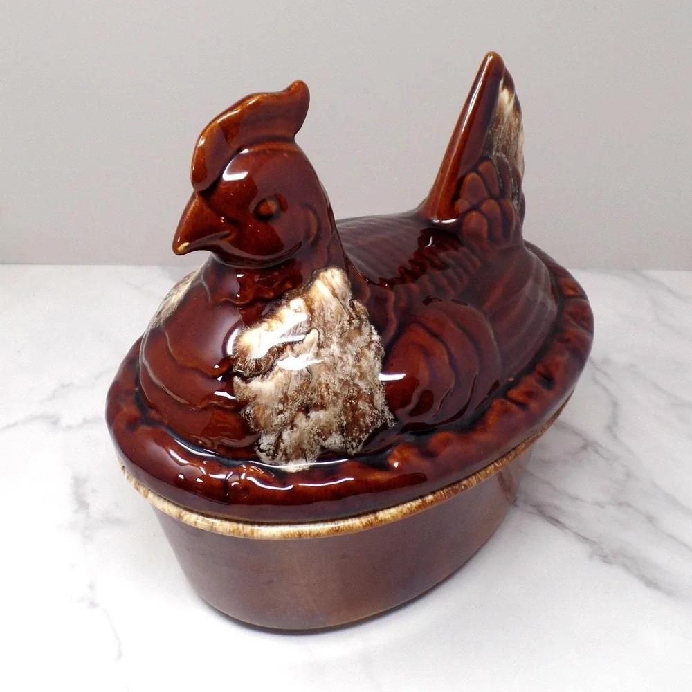 Vintage Hall Ceramic Hen on Nest Covered Dish, House 'n Garden Mirror Brown